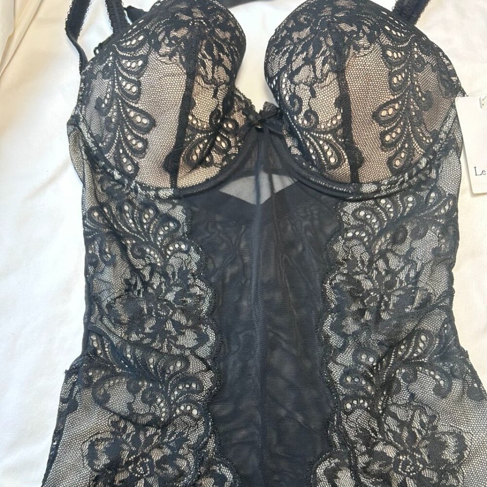 Le Mystère Black Lace Bodysuit 32D w/ Garters NWT